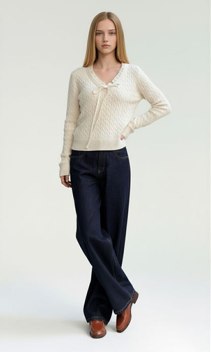 White Cable Knit Sweater with Ruffle Trim