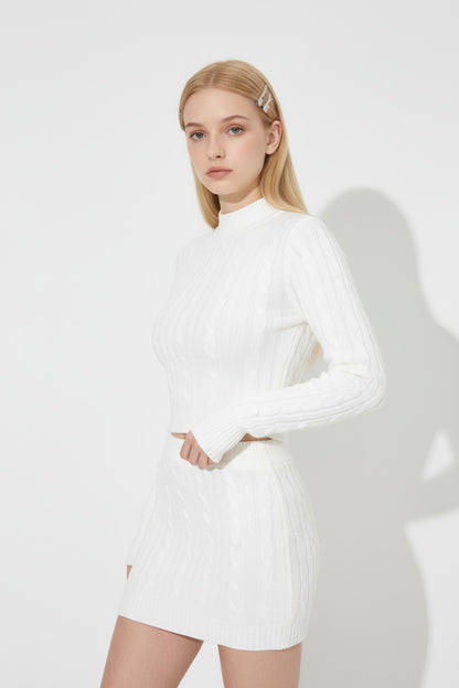 White Cable Knit Sweater & Mini Skirt Set