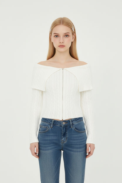 Chunky Cable Knit Sweater with Wide Notch Collar