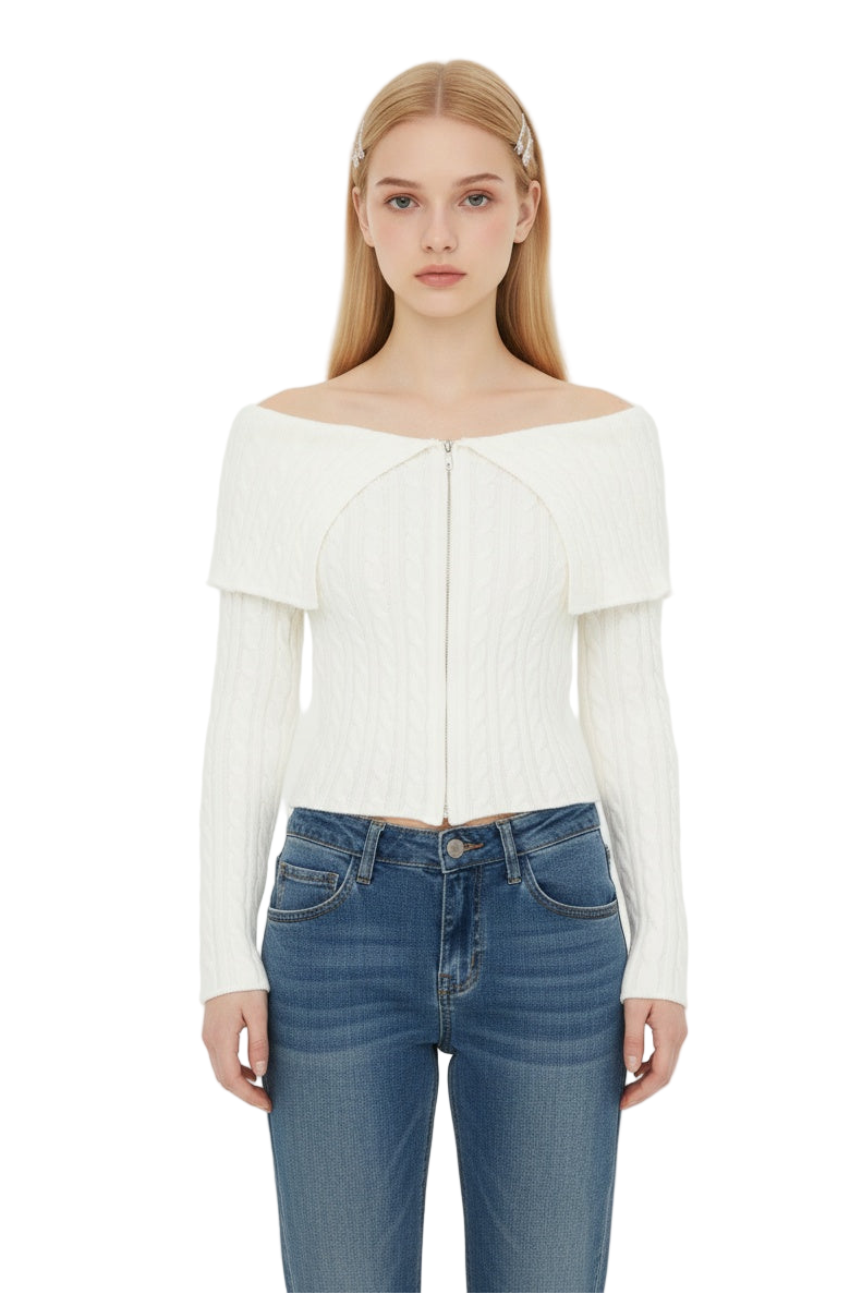 Chunky Cable Knit Sweater with Wide Notch Collar