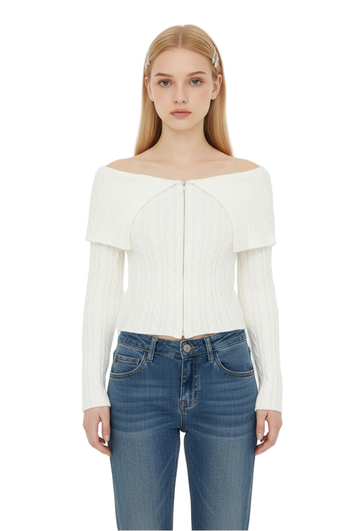 Chunky Cable Knit Sweater with Wide Notch Collar