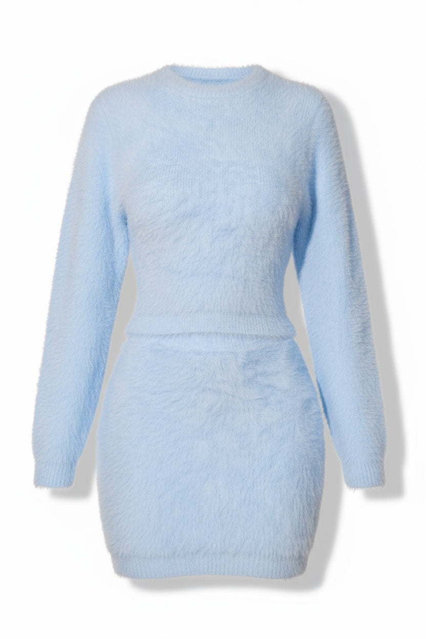 Fuzzy Mohair Blend Twin Set with High-Waist Wrap Skirt