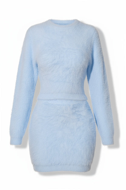 Fuzzy Mohair Blend Twin Set with High-Waist Wrap Skirt