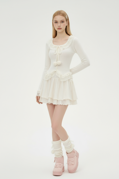 Soft Knit Two-Piece Set with Lace Ties and Pom-Poms
