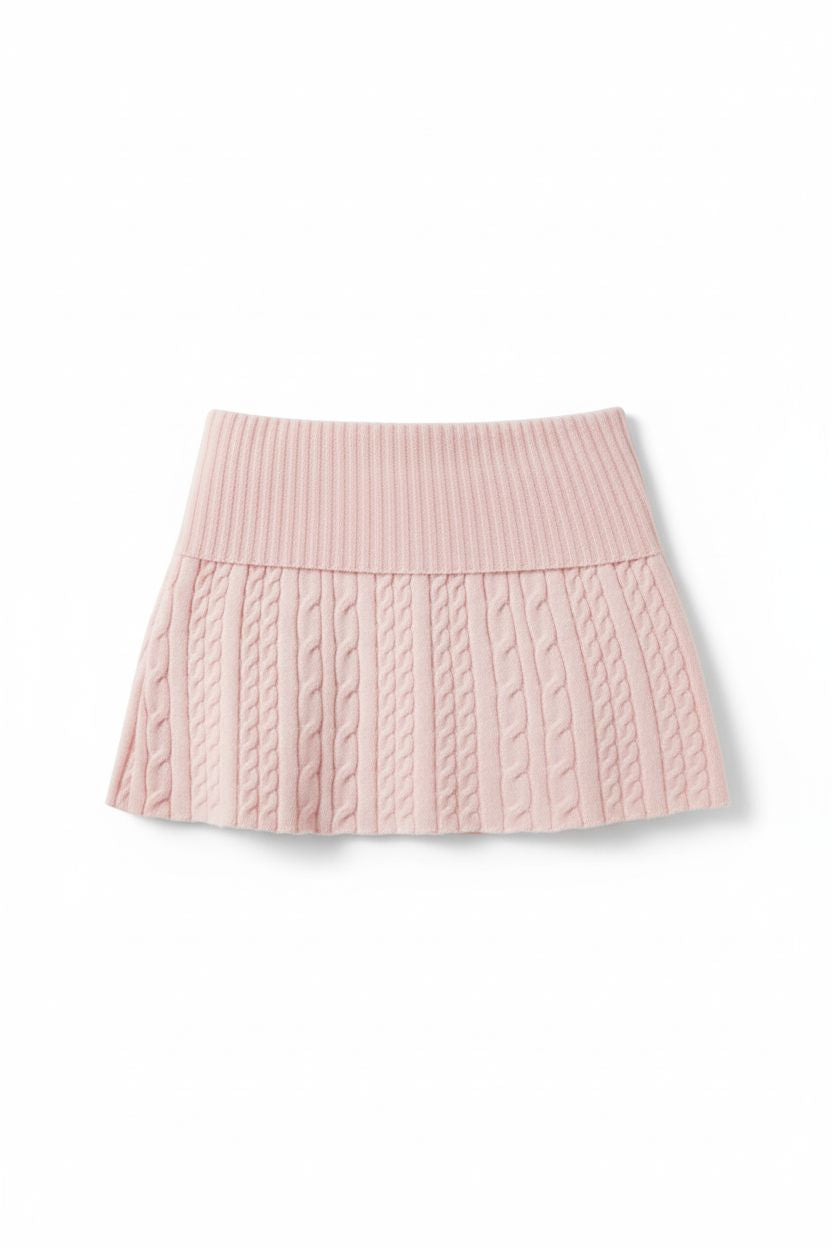 Pink Cable Knit Skirt with Folded Waist