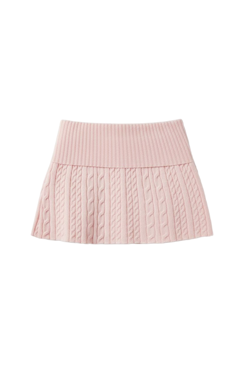 Pink Cable Knit Skirt with Folded Waist