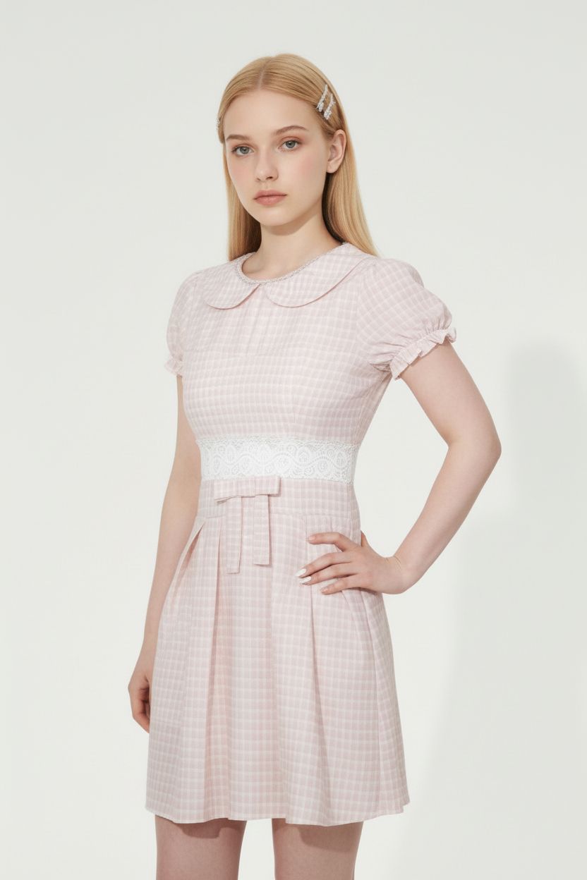 Pink French Doll-Collar Short-Sleeve Dress