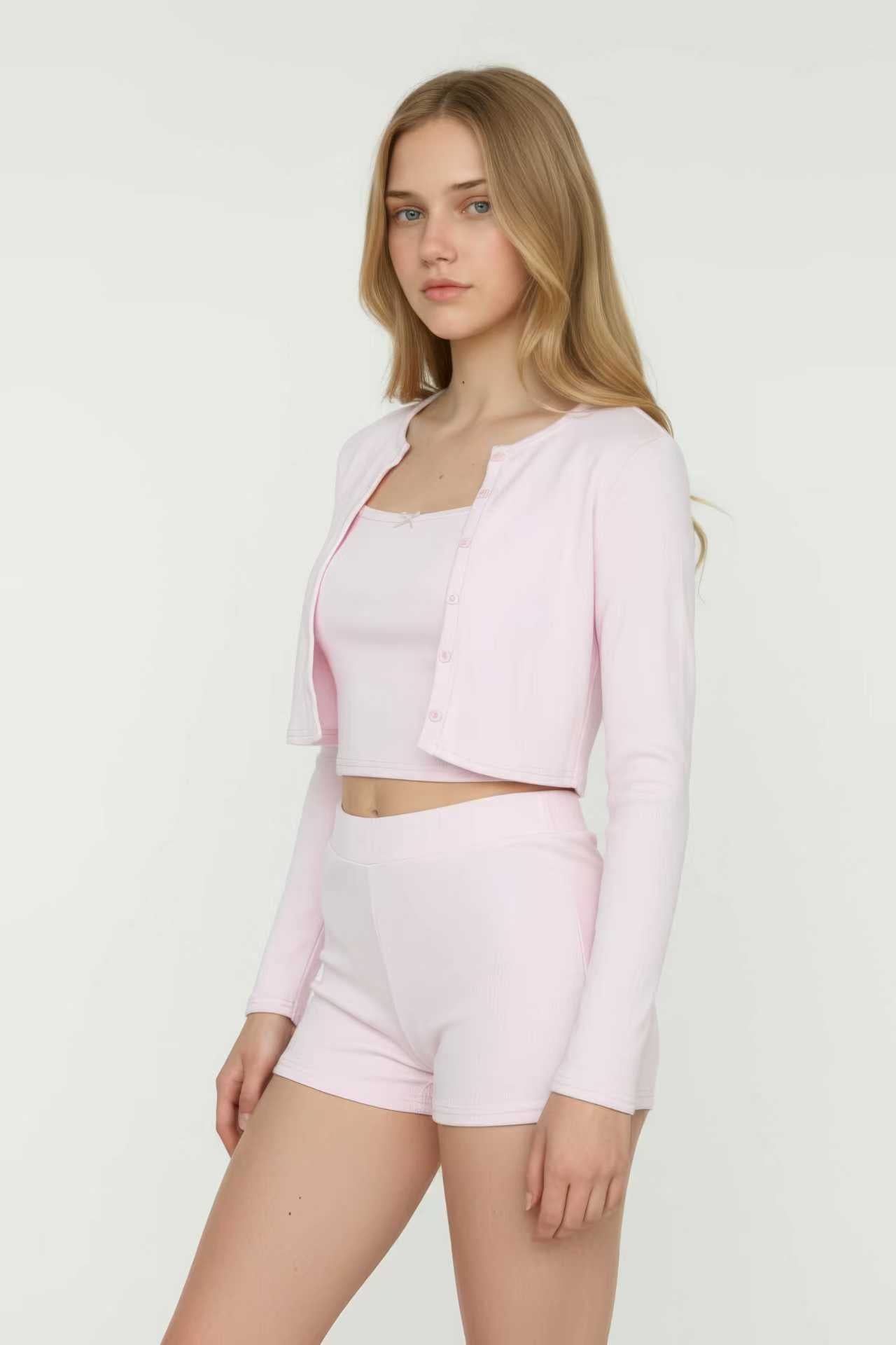 Pastel Pink 3-Piece Loungewear Shorts Set