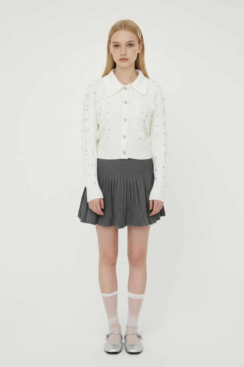 Rhinestone Polo-Collar Knit Cardigan & High-Waisted Pleated Skirt Set