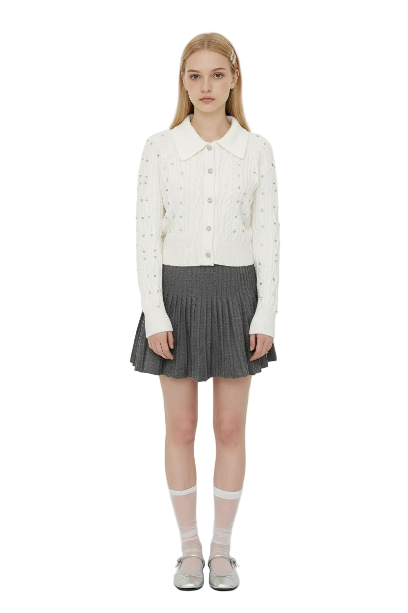 Rhinestone Polo-Collar Knit Cardigan & High-Waisted Pleated Skirt Set