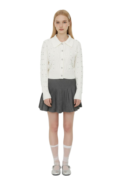 Rhinestone Polo-Collar Knit Cardigan & High-Waisted Pleated Skirt Set