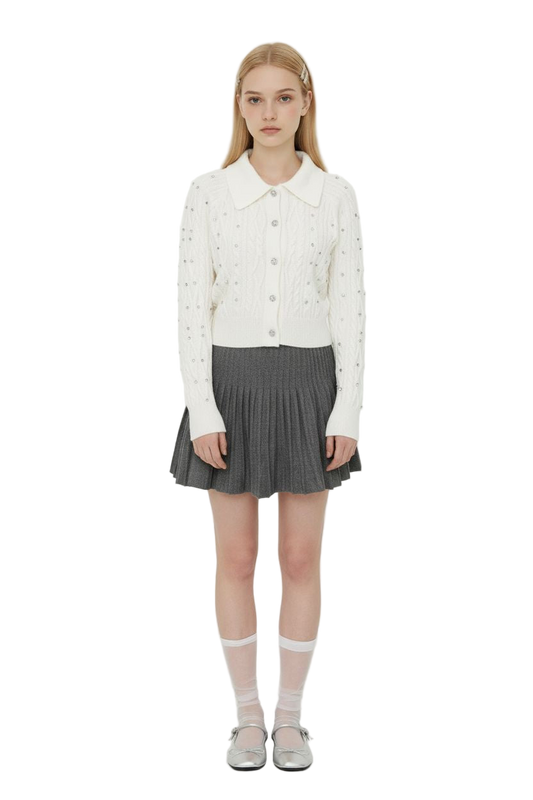 Rhinestone Polo-Collar Knit Cardigan & High-Waisted Pleated Skirt Set