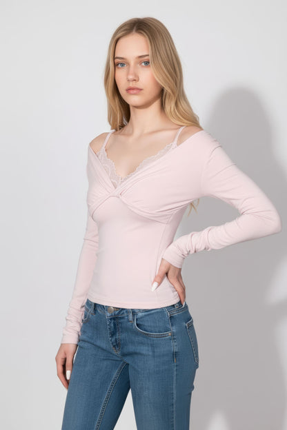 Lace Insert Top with Mock Layered Design