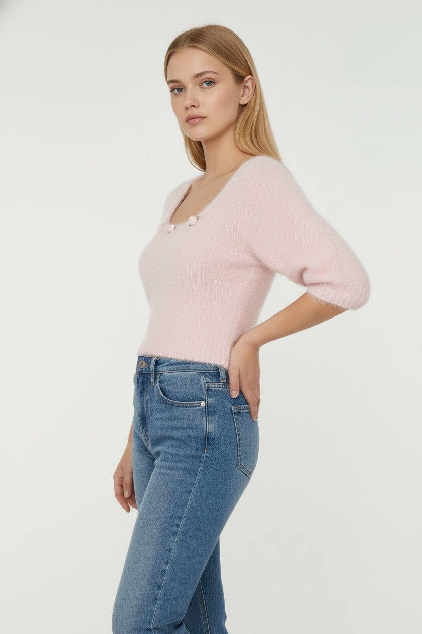 Floral Short-Sleeve Sweater