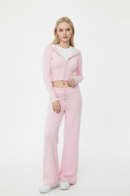 Pink Hooded Knit Set with Wide-Leg Trousers