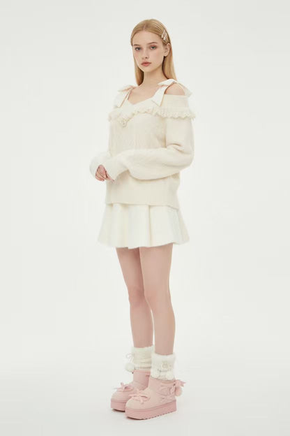 Cute Lace-Trim Cable Knit Off-Shoulder Sweater with Cami