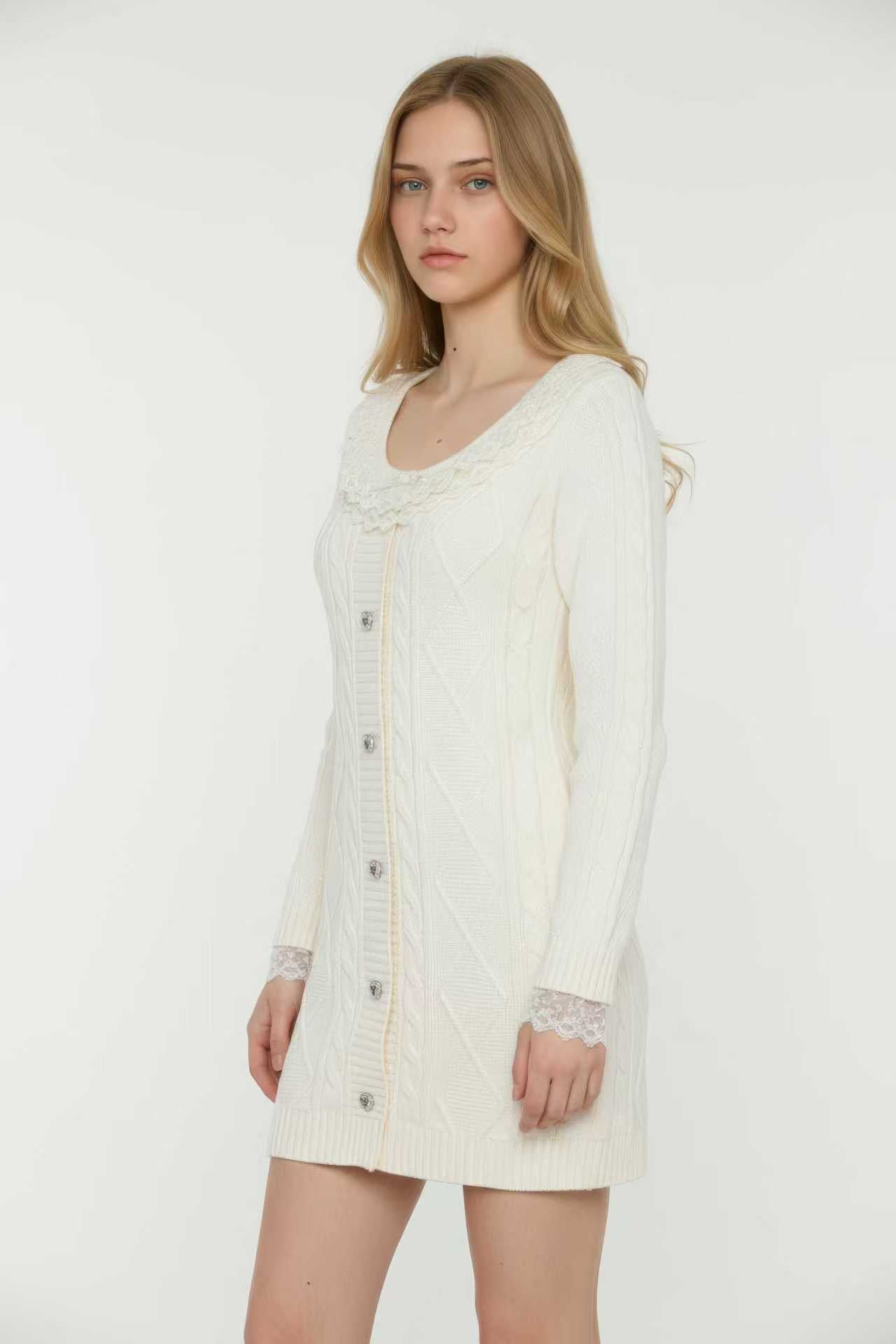 White Lace Knit Sweater Dress