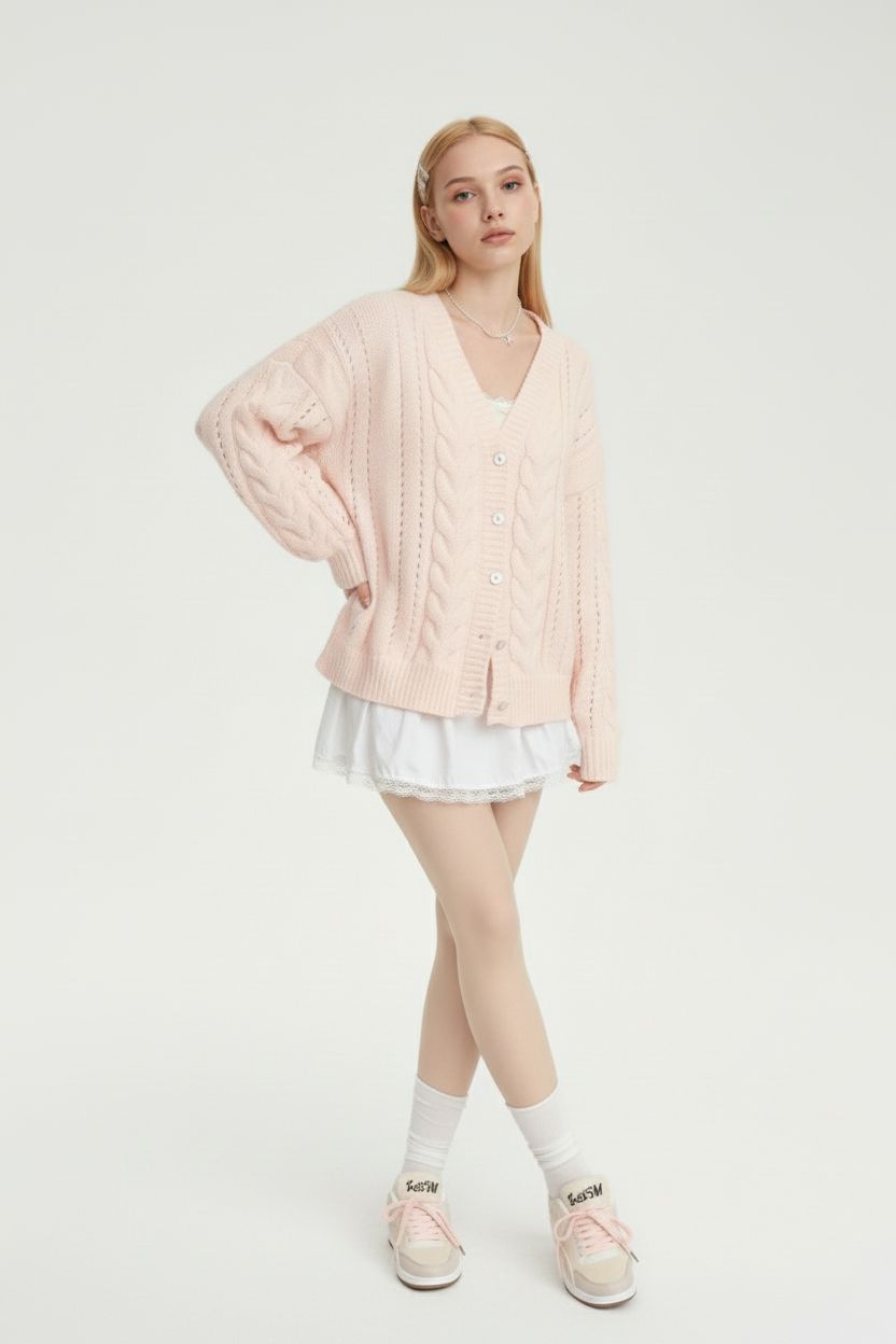 Loose Cable Knit Cardigan – Cozy Slouchy Fit