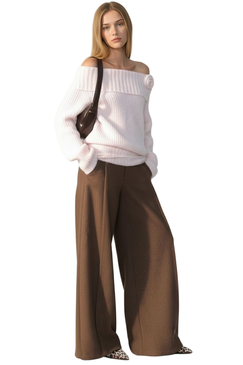 Off-Shoulder Rose-Decor Knit Sweater