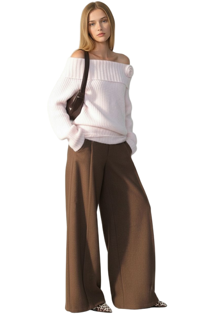 Off-Shoulder Rose-Decor Knit Sweater