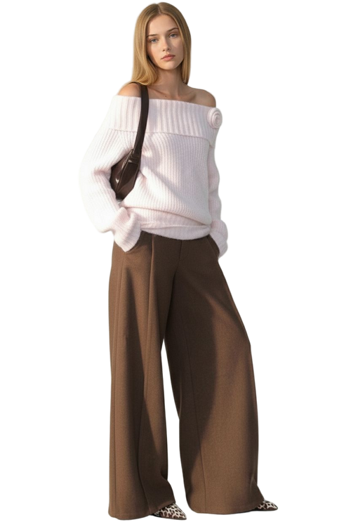 Off-Shoulder Rose-Decor Knit Sweater