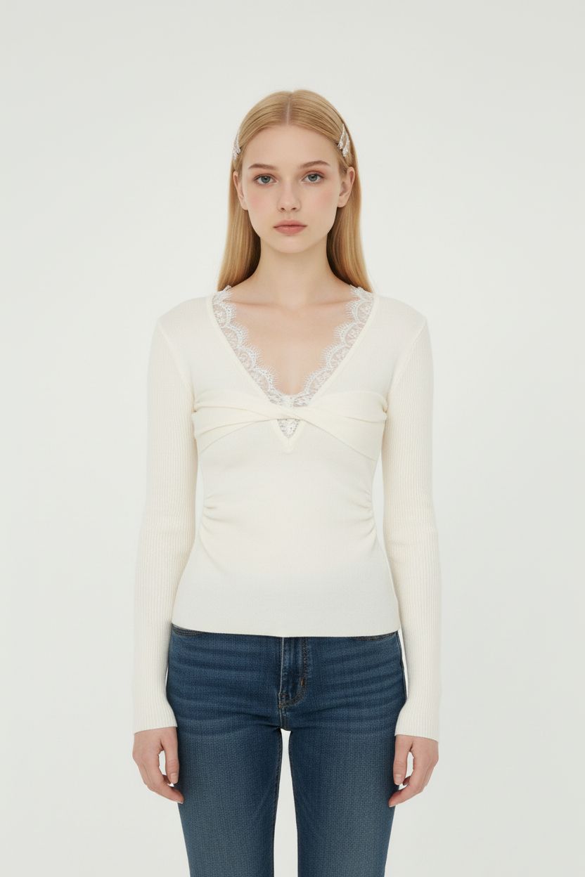 Vintage Lace V-Neck Knit Top