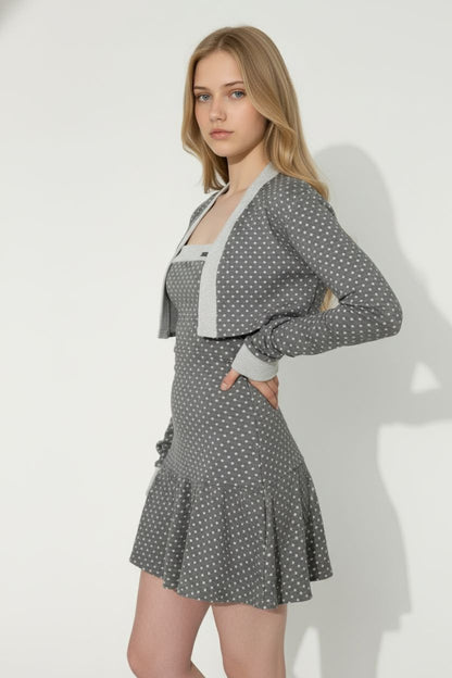 Gray Polka Dot Patchwork Tube Dress & Cardigan Set