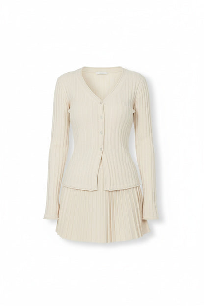 V-Neck Knit Cardigan & Pleated Skirt Set