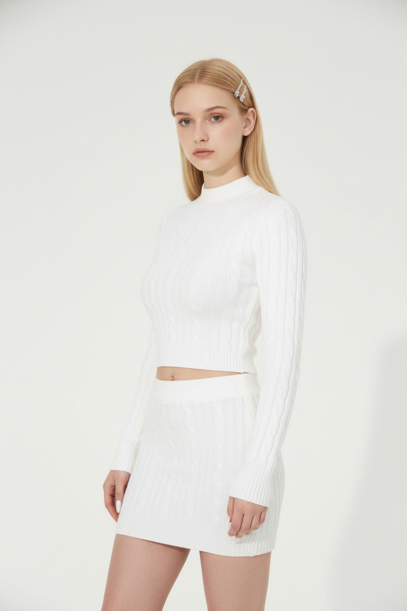 White Cable Knit Sweater & Mini Skirt Set