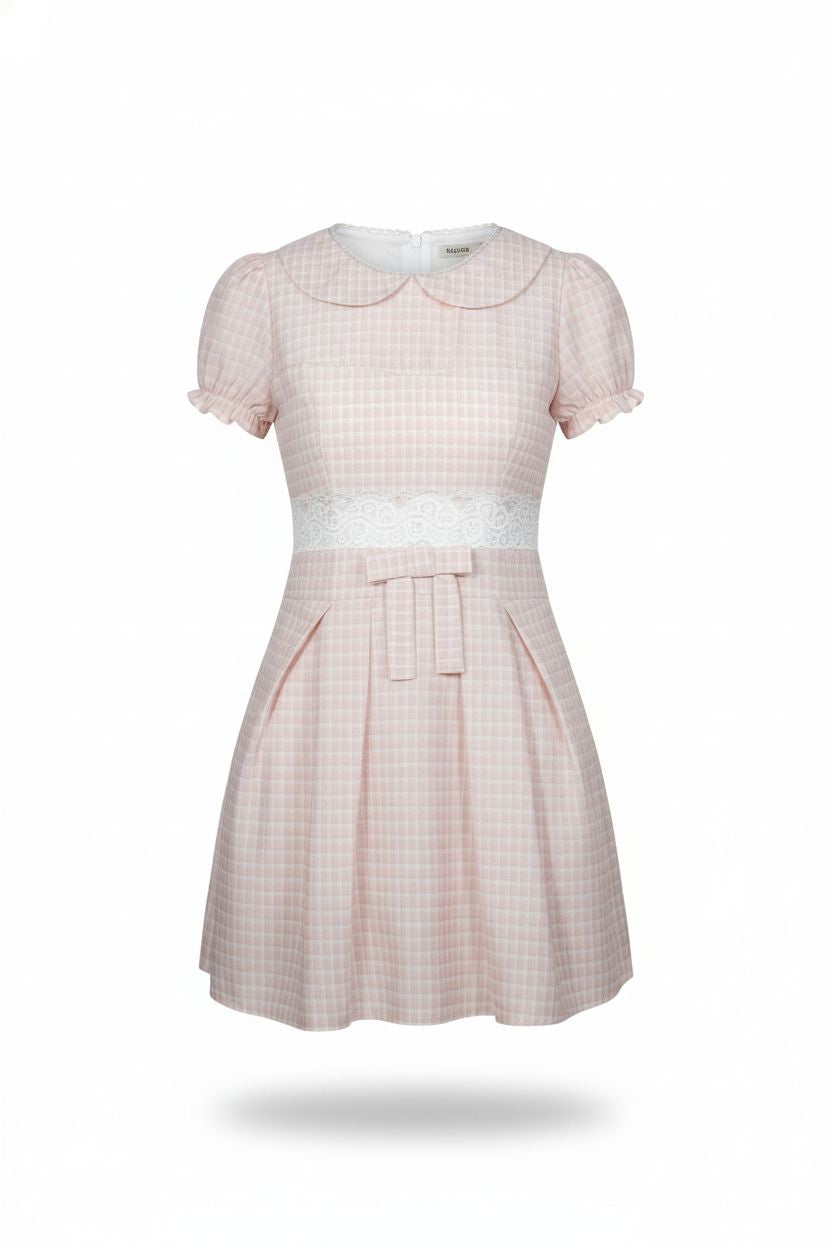Pink French Doll-Collar Short-Sleeve Dress