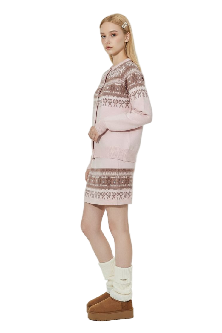 Pink Jacquard Knit Sweater & Skirt Set