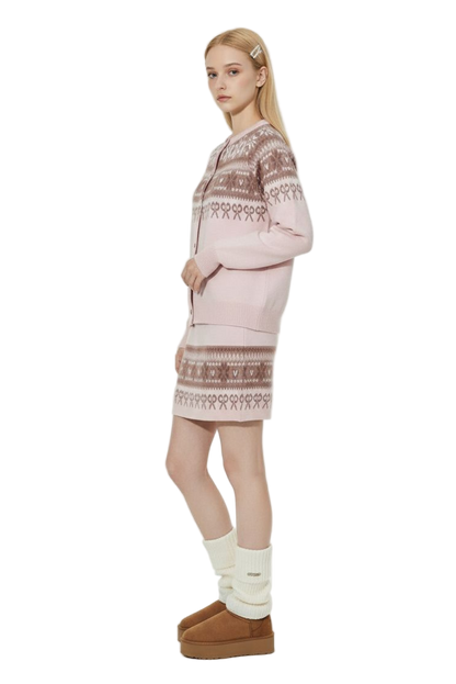 Pink Jacquard Knit Sweater & Skirt Set