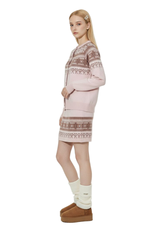 Pink Jacquard Knit Sweater & Skirt Set