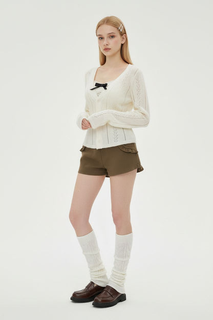 V-Neck Crochet Hollow Knit Cardigan with Lace Trim