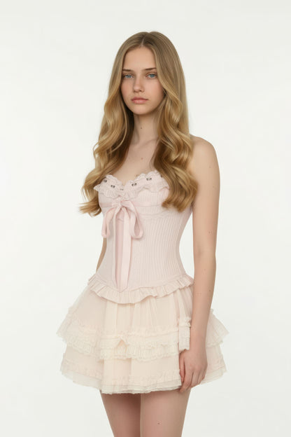 Sweetheart Neck Camisole with Cascading Tulle Mini Skirt