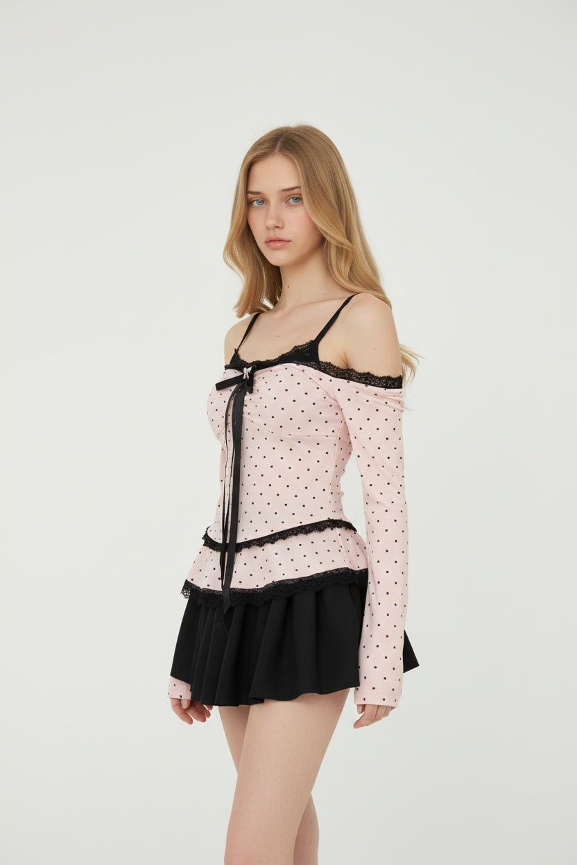 Polka dot top & lace puff skirt outfit