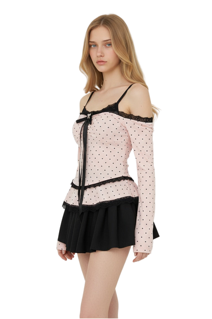 Polka dot top & lace puff skirt outfit