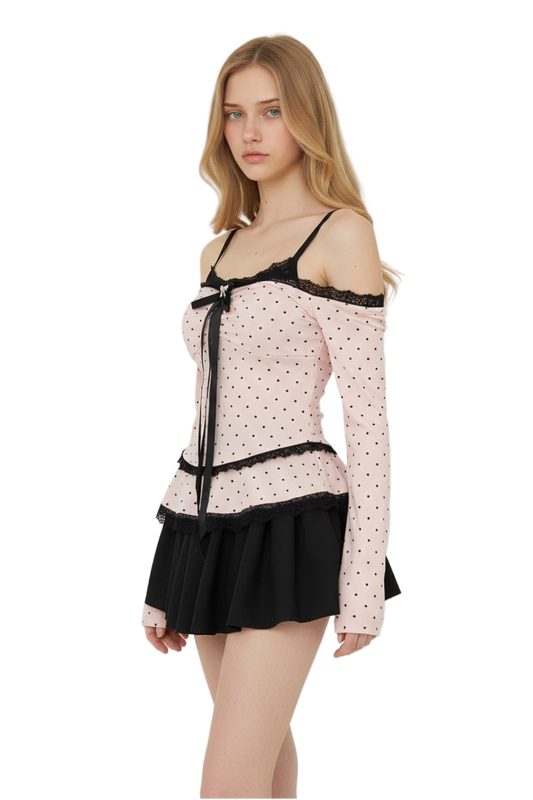 Polka dot top & lace puff skirt outfit