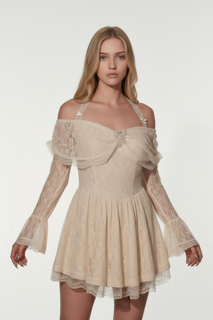 Off-Shoulder Lace Halter Neck Dress