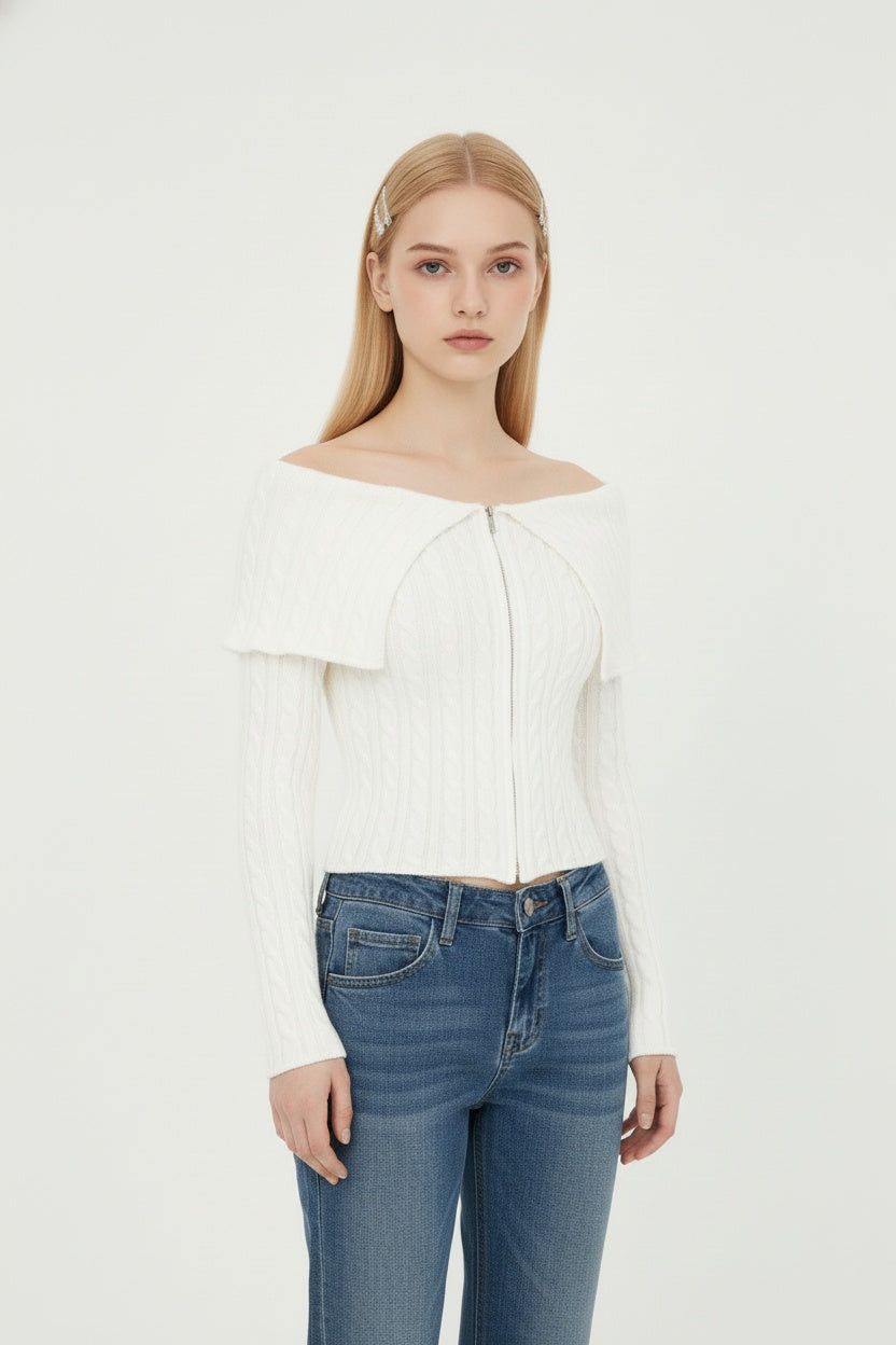 Chunky Cable Knit Sweater with Wide Notch Collar