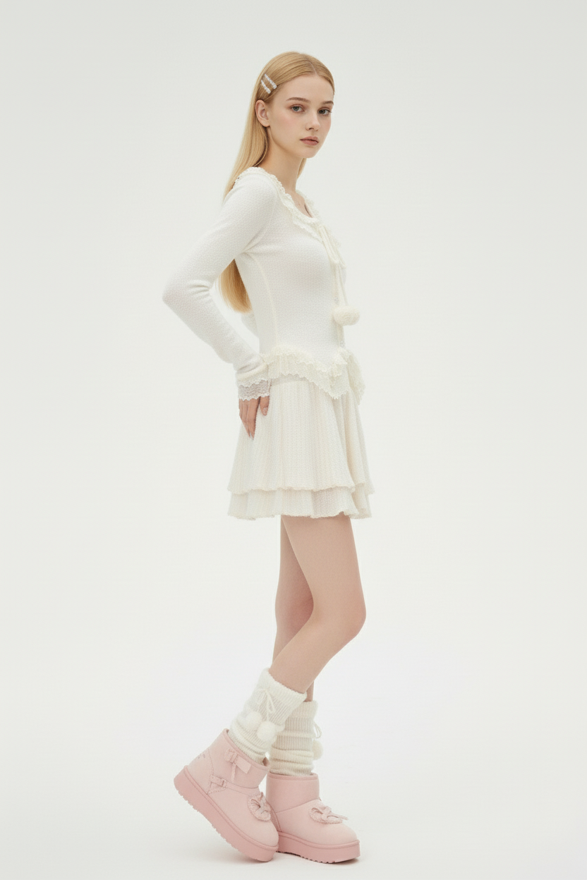 Soft Knit Two-Piece Set with Lace Ties and Pom-Poms