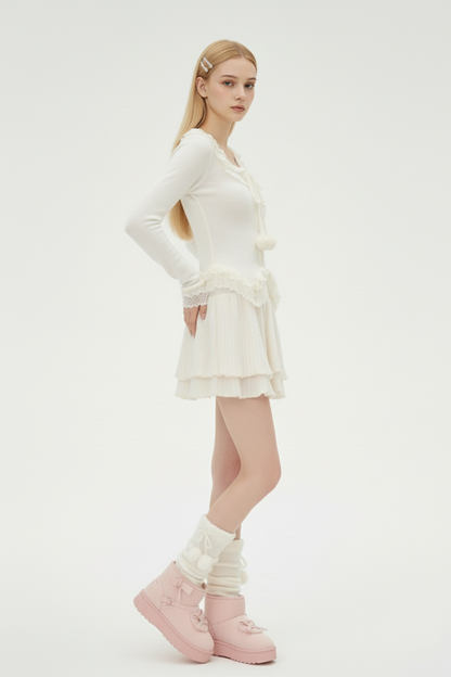 Soft Knit Two-Piece Set with Lace Ties and Pom-Poms