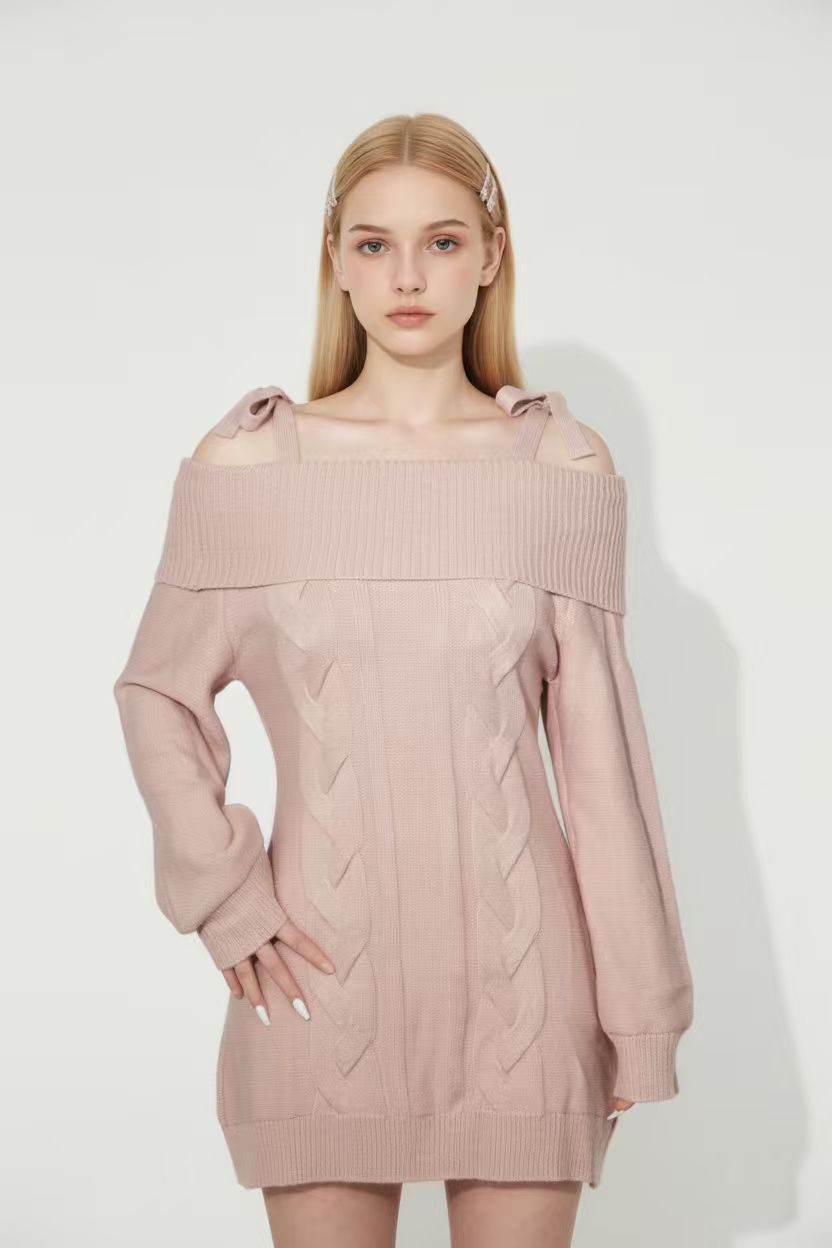 Vintage Pink Knit Waist-Cinched Sweater Dress