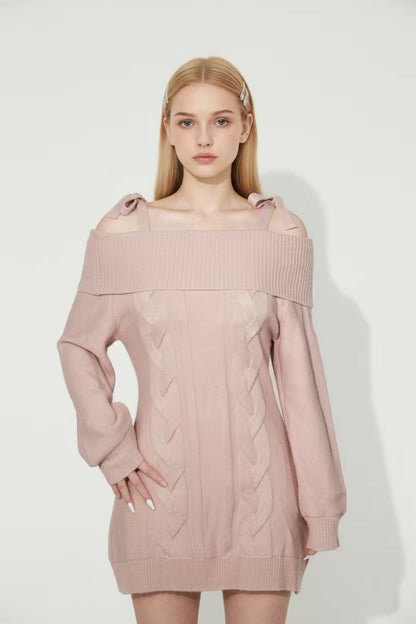 Vintage Pink Knit Waist-Cinched Sweater Dress