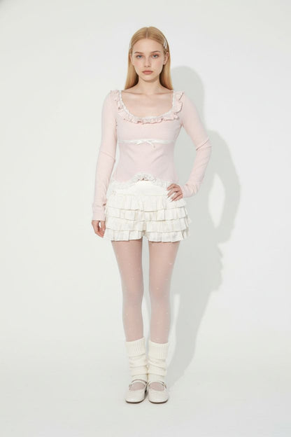 Pink Square-Neck Top with Ruffle Trim