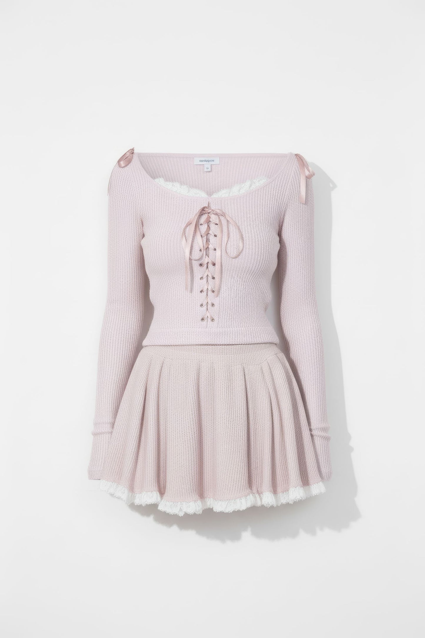 Lace-Knit Hooded Top & Pleated Skirt Set