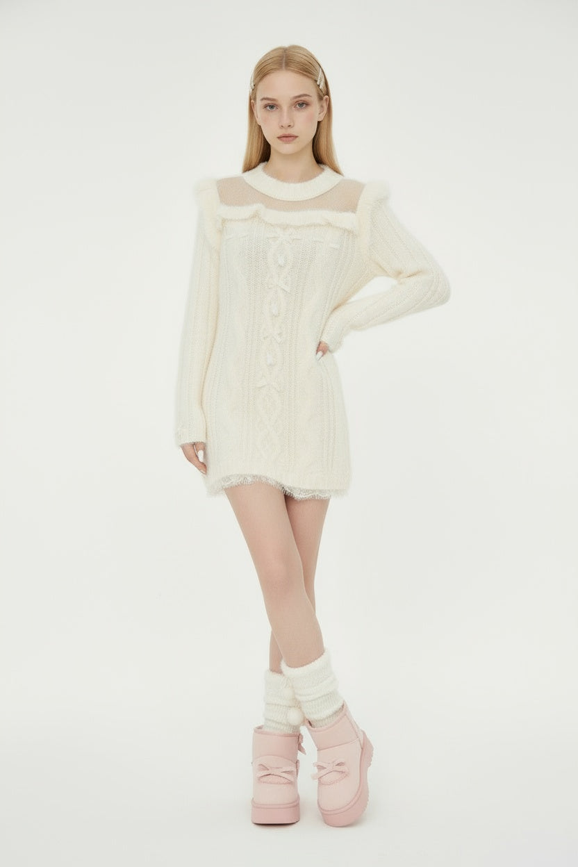 White Wool-Knit Sweater Dress
