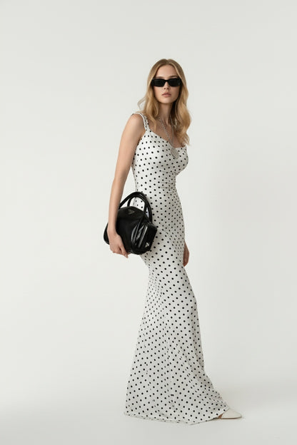 Bow-back black polka dot maxi dress