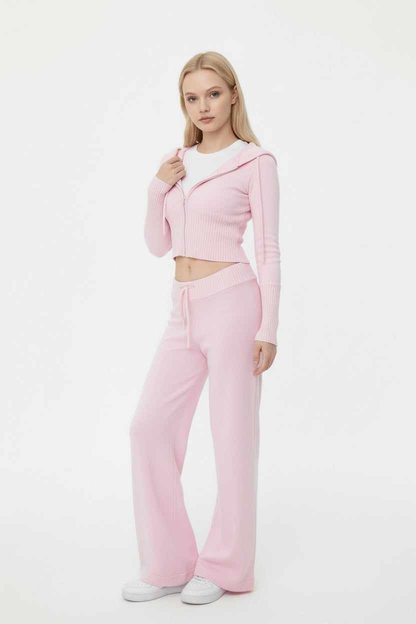 Pink Hooded Knit Set with Wide-Leg Trousers