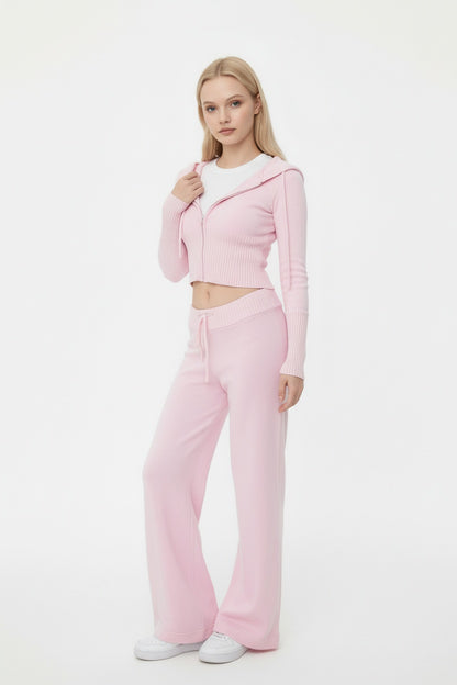 Pink Hooded Knit Set with Wide-Leg Trousers
